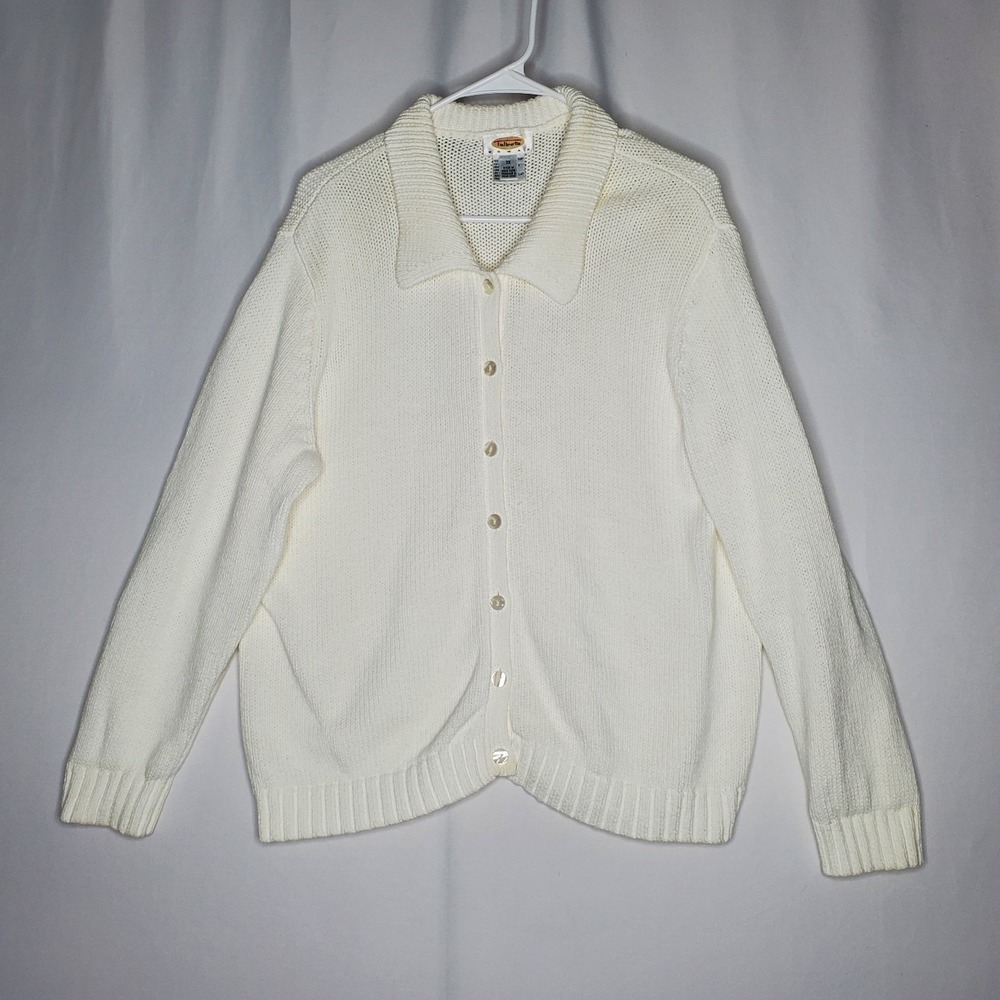 Talbots Vtg Cardigan Womens 2X White Heavy Cotton Knit Button V-Neck Collar